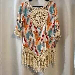 Bohemian Feather Print Crochet Fringe Top